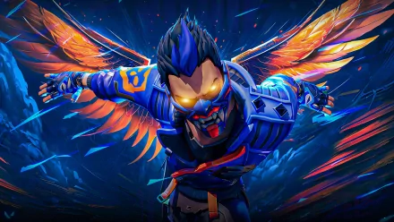 HD PC desktop wallpaper featuring Yoru from Valorant with glowing orange wings and intense blue armor in a dynamic action pose.