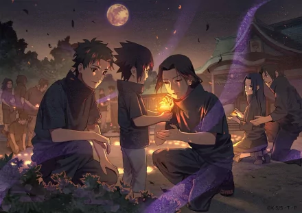 HD anime desktop wallpaper featuring Shisui, Sasuke, and Itachi Uchiha of the Uchiha Clan in Konohagakure, Naruto series, sharing a glowing moment under the moonlight.
