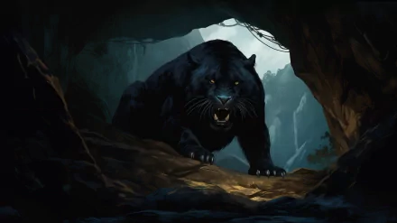 A fierce black panther emerges from a cave, showcasing its powerful presence in this striking HD wallpaper. The dramatic lighting highlights the animal's stance in a mystical setting.