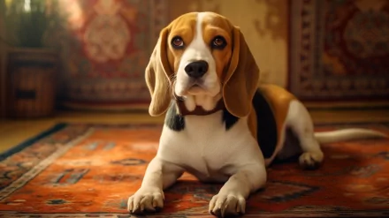 HD desktop wallpaper of a beagle dog lying on an ornate rug with a warm, inviting background.