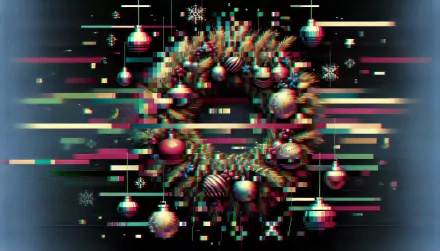 Festive holiday-themed HD desktop wallpaper featuring glitch art style Christmas decorations and lights as a background.