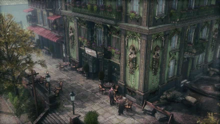 Mystical 'The Thaumaturge' HD wallpaper featuring an atmospheric urban scene with old-world architecture, street cafés, and lush greenery for a captivating desktop background.