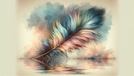 A colorful feather elegantly reflected in calm waters, surrounded by soft hues, creating a serene and artistic HD desktop wallpaper and background.