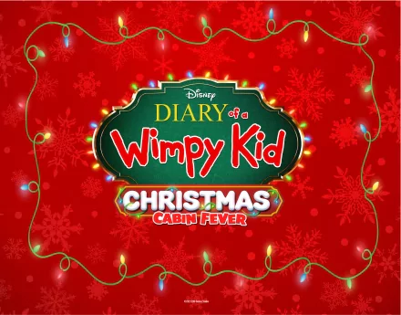 Diary of a Wimpy Kid Christmas: Cabin Fever themed HD desktop wallpaper with festive red background and holiday lights.