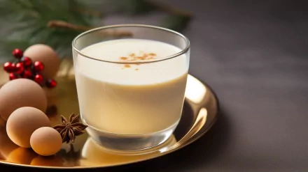 A glass of creamy eggnog garnished with spices sits on a gold plate, surrounded by festive decorations, creating a warm, inviting atmosphere in this HD wallpaper.