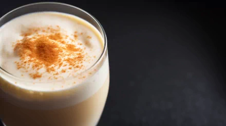 A close-up of a glass of creamy eggnog topped with a sprinkle of nutmeg, set against a dark background. This HD image makes a striking desktop wallpaper.