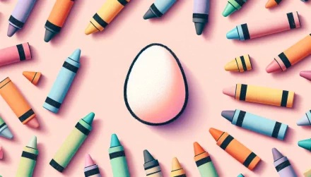HD wallpaper of a single egg surrounded by colorful crayons on a pink background.
