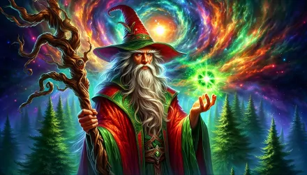 HD desktop wallpaper featuring an artistic rendition of Gandalf with a cosmic background and gleaming magical lights.