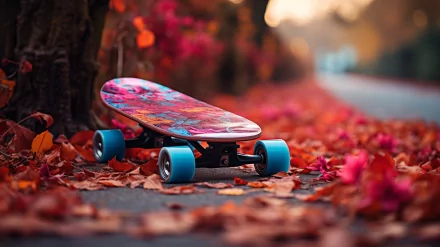 HD wallpaper of a vibrant skateboard on a leaf-strewn path, capturing the essence of skateboarding.