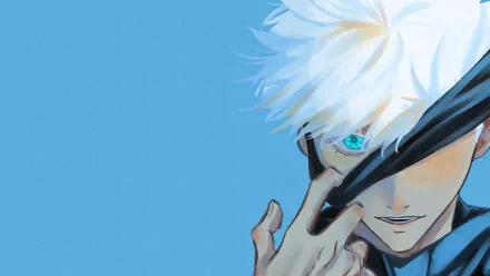 High-definition wallpaper featuring Satoru Gojo from the anime Jujutsu Kaisen, showcasing his distinctive white hair and striking blue eye against a vibrant blue background.