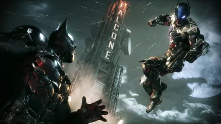 HD Wallpaper of Batman from Batman: Arkham Collection game confronting an armored enemy against a dramatic cloudy sky backdrop with the Falcone sign illuminated in the background.