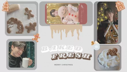 HD PC desktop wallpaper featuring ENHYPEN members with a cozy Christmas theme, gingerbread cookies, and festive holiday vibes blended with music elements.