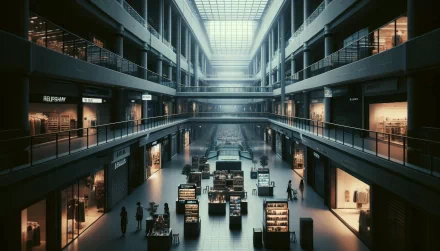 A spacious shopping mall interior with multiple levels, featuring retail stores and illuminated displays, captured in a high-definition desktop wallpaper style.