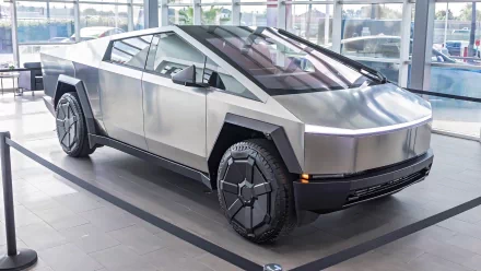 HD wallpaper of a Tesla Cybertruck displayed in a showroom, showcasing its futuristic design for desktop backgrounds.