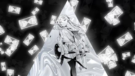 HD PC desktop wallpaper from the anime Frieren: Beyond Journey's End, featuring the character Frieren surrounded by floating hourglasses in a dynamic, monochrome design.
