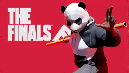 HD wallpaper of 'The Finals' video game featuring a character in a panda mask with a baton on a red background.