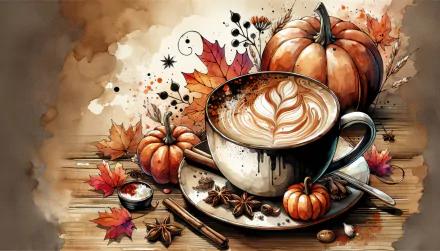 HD Wallpaper of Pumpkin Spice Latte with Autumn Leaves and Pumpkins for Desktop Background.
