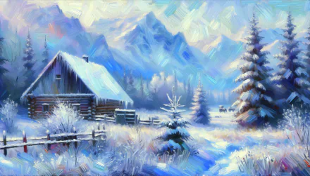 HD desktop wallpaper featuring a frosty winter landscape with a snow-covered cabin, evergreen trees, and a mountain backdrop painted in vibrant brushstrokes.