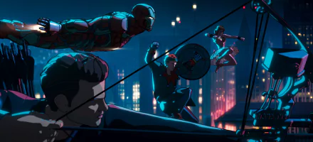 HD wallpaper of animated Marvel characters from What If...? with Iron Man and Captain America in action, against a neon-lit city backdrop.