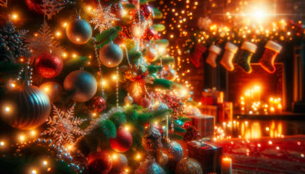 Decorated Christmas tree with baubles and lights, gifts, and stockings, festive HD desktop wallpaper for holiday background.