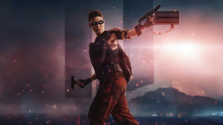 HD desktop wallpaper from Rebel Moon featuring a character in a dynamic action pose with a gun, set against a smoke and light-filled backdrop.