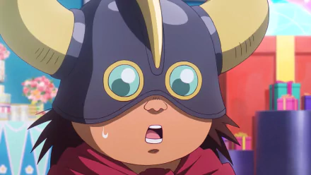 A surprised character from Dragon Ball DAIMA with large eyes and a horned helmet, set against a colorful background, creating a vibrant HD anime desktop wallpaper.