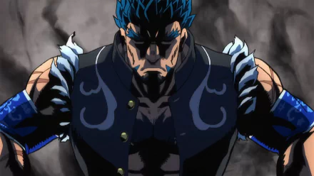 Anime character with blue spiked hair and a determined expression, from the anime Bucchigiri?! featured in a HD desktop wallpaper with a dark, textured background.