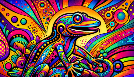 A vibrant HD desktop wallpaper featuring a colorful gecko against a background of abstract patterns and bright colors, creating a lively and artistic atmosphere.