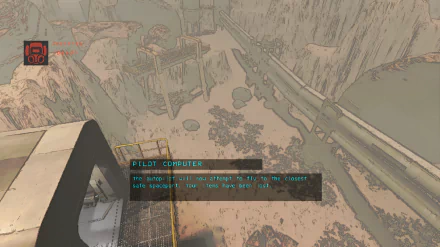 HD desktop wallpaper of Lethal Company video game featuring an aerial view of a dystopian landscape with an in-game pilot computer interface displayed.