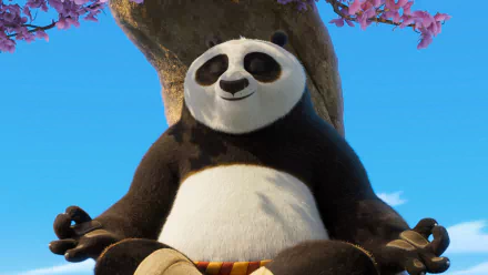 HD wallpaper from Kung Fu Panda 4 featuring the character Po meditating under a tree.
