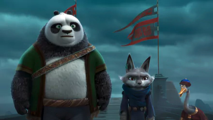 HD wallpaper featuring Po and Zhen from Kung Fu Panda 4, set against a dramatic backdrop of flags and a cloudy sky.