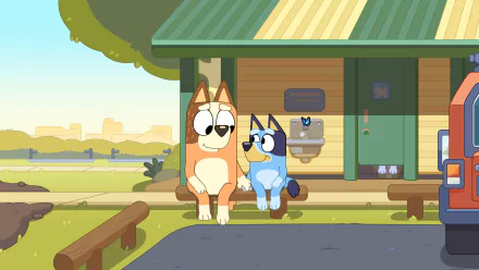 HD wallpaper featuring Bluey, the animated dog character, with another dog in front of a house on a sunny day for desktop background.