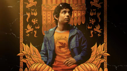 HD desktop wallpaper featuring a scene from the TV Show 'Percy Jackson and the Olympians' with a thoughtful character in the center, set against a mythological-themed backdrop.