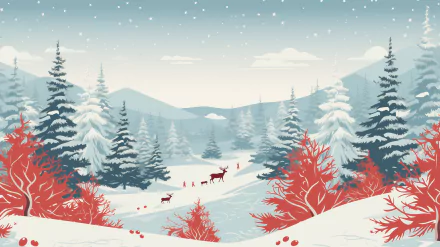 Winter Christmas landscape with snow-covered trees and reindeer, HD desktop wallpaper and background.