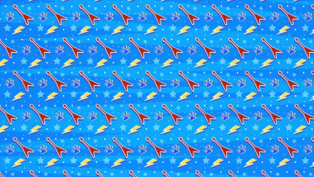 HD desktop wallpaper featuring a vibrant blue background adorned with red rockets, yellow lightning bolts, and playful stars, inspired by the video game Hi-Fi Rush.