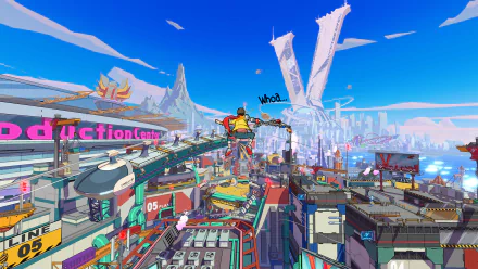 HD desktop wallpaper of Hi-Fi Rush video game featuring vibrant futuristic cityscape background.
