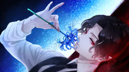 A striking HD wallpaper of Muzan Kibutsuji from Demon Slayer: Kimetsu no Yaiba, featuring him elegantly holding a blue flower while exuding an aura of mystique.