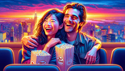 HD desktop wallpaper featuring two best friends laughing and holding popcorn at a cinema with a vibrant sunset cityscape background.