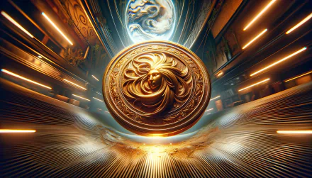HD desktop wallpaper featuring a shiny gold coin with intricate designs, set against a futuristic backdrop with glowing lines.