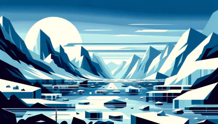 Stylized digital artwork of sea ice with geometric mountains and a large moon for HD desktop wallpaper.