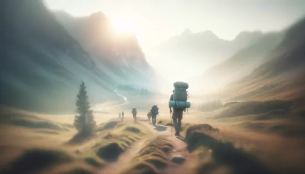 Backpackers walking through a scenic mountain valley at sunrise, HD wallpaper with backpacking theme.