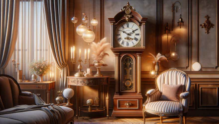 Elegant interior featuring a grandfather clock in a classic room, with a chair and candles, as an HD wallpaper.