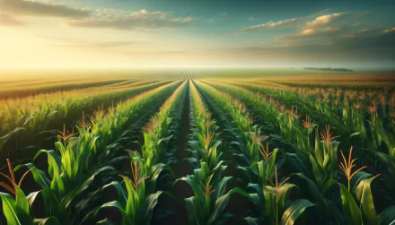 A vibrant corn field stretches into the distance under a soft sunrise, with lush stalks and golden sunlight creating an inviting HD desktop wallpaper background.