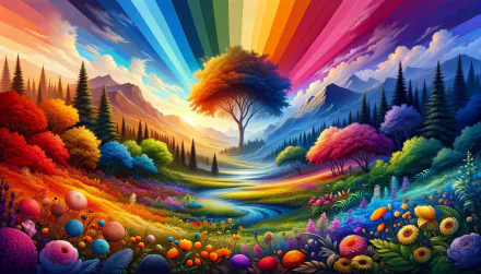 A vibrant color spectrum fills the sky above a serene landscape, featuring a colorful tree, blooming flowers, and rolling hills, creating a stunning HD desktop wallpaper.