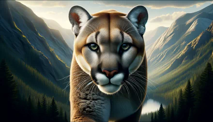 HD wallpaper featuring a majestic cougar with a backdrop of mountainous landscape for desktop background.