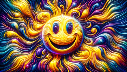 A vibrant yellow smiley face surrounded by swirling, colorful patterns creates a joyful and dynamic HD desktop wallpaper and background.