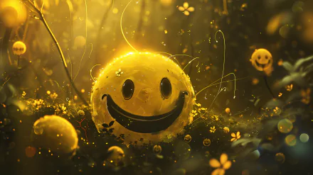 A vibrant HD wallpaper featuring a large yellow smiley face surrounded by smaller smileys and delicate flowers in a warm, glowing environment.