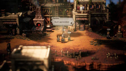 A vibrant HD wallpaper from Octopath Traveler II, showcasing a detailed town setting with characters engaged in conversation against a lively backdrop.