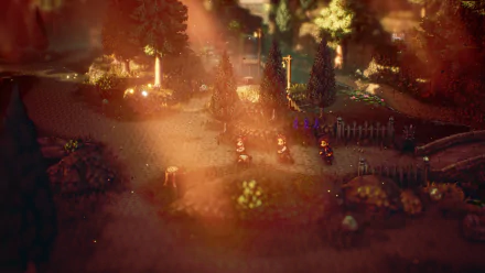 HD desktop wallpaper featuring a scenic view from Octopath Traveler II video game with characters by a campfire at dusk.