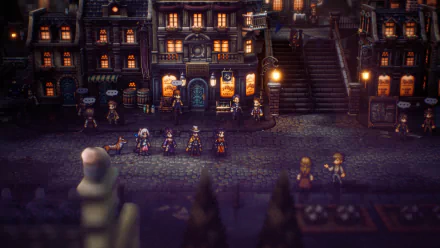 HD wallpaper featuring a scene from Octopath Traveler II with characters gathered in a bustling, dimly lit fantasy village square.